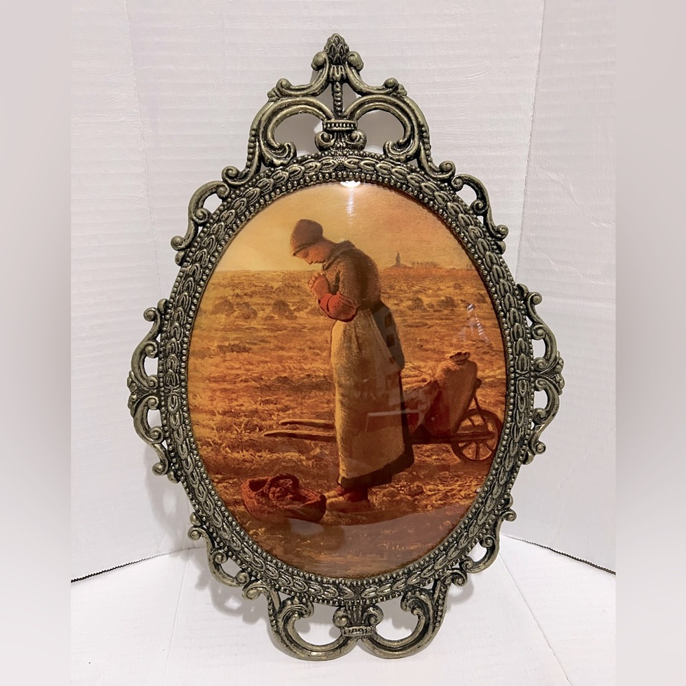 Vintage Angelus Jean Francois Millet Print Farmer's Wife, Oval Ornate Frame